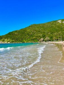 a beach with a hill in the background