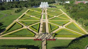 Explore the stunning geometric gardens of Jardim Botânico de Curitiba from above.