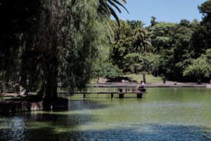Peaceful scene of a person at a lakeside in Parque de la Independencia, Rosario. Vibrant greenery and calm waters.