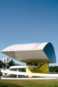 Contemporary architecture at Oscar Niemeyer Museum in Curitiba, Brazil.