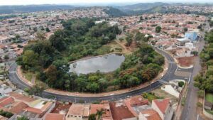 Aerial landscape showcasing a stunning park and pond surrounded by urban Londrina, Brazil.