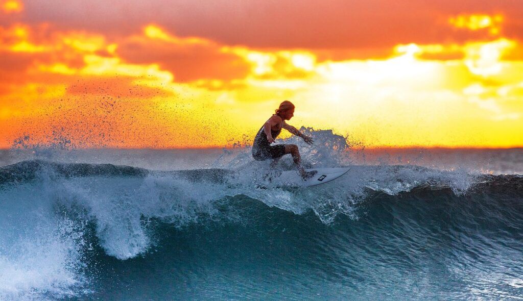 surfing, sunset, waves, surf, surfboard, surfer, water sports, sea, java island, indonesia, water, ocean, nature, seascape